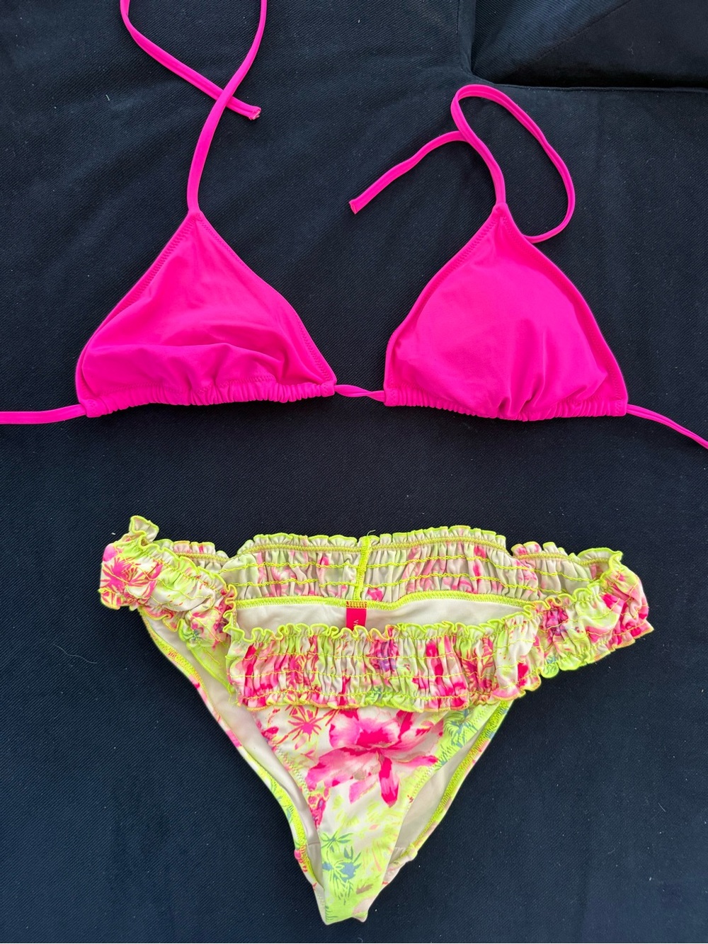 Victoria Secret Neon Pink Triangle Bikini Top & Floral Ruffled Bottom